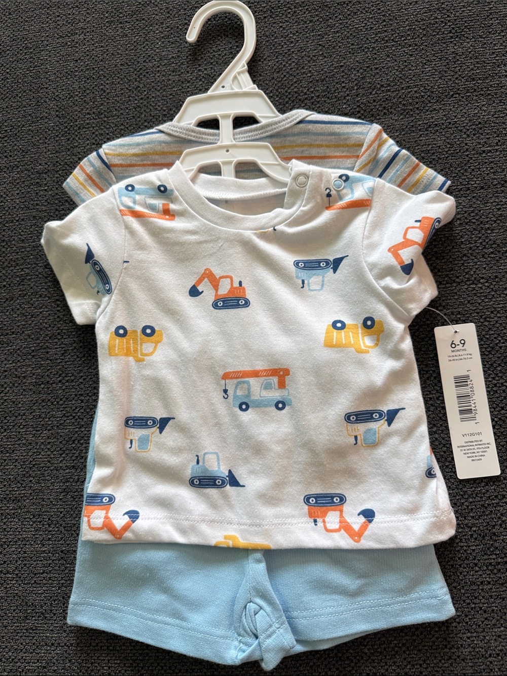 Baby Short Set with Construction Print - White & Light Blue